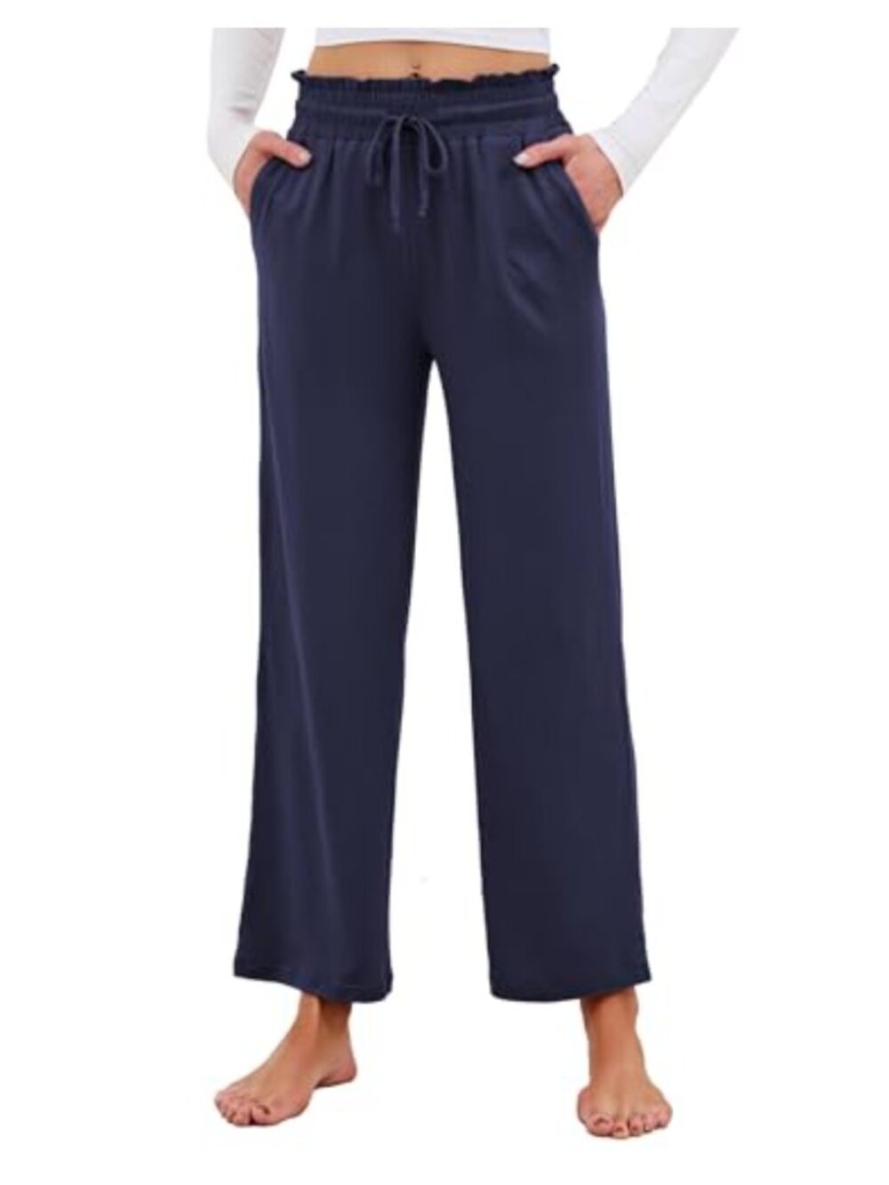 Wide Leg Pants for Women High Waist Smocked Tie Knot Palazzo Loose Drawstring